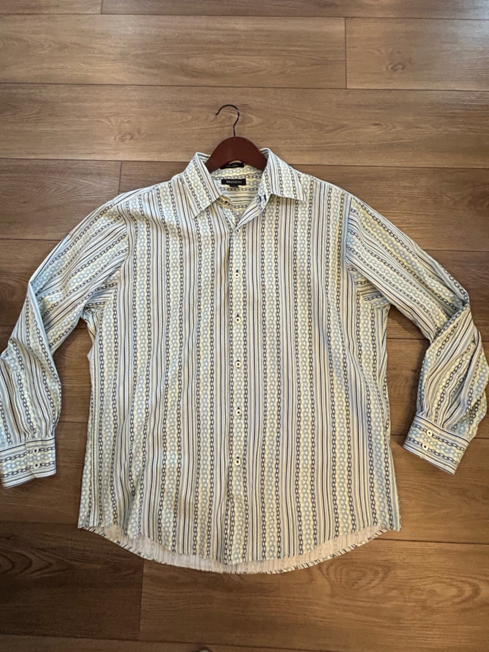 Brandini Men’s Large 100% Cotton Geometric Stripe Button Front Dress Shirt